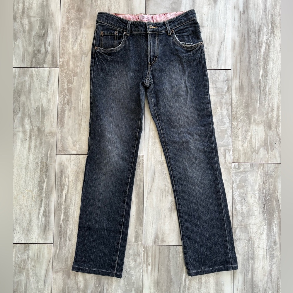 Levi’s 2009 Girls Dark Blue Med. Wash Denim Jeans Size 16 Gold Stitching Classic